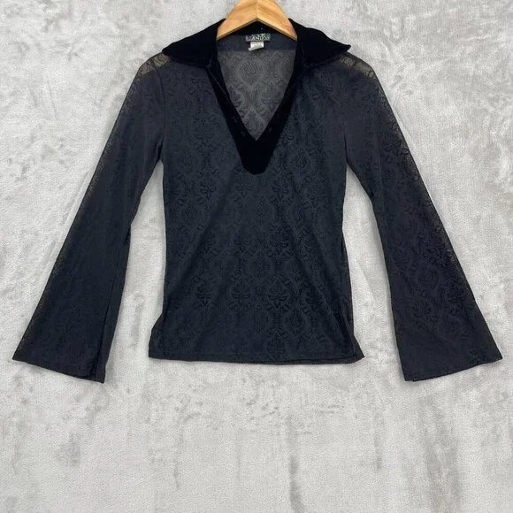 Vintage 90s Sheer Velvet Burnout Bell Sleeve V-Neck Top Hippie Goth - Picture 7 of 10